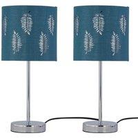 First Choice Lighting Set of 2 Chrome Stick Table Lamps with Teal Fern Cut Out Shades in Silver