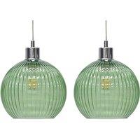 First Choice Lighting Set of 2 Betchley - Green Ribbed Glass Globe Easy Fit Pendant Shades in Clear