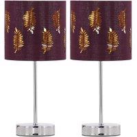 First Choice Lighting Set of 2 Chrome Stick Table Lamps with Burgundy Fern Cut Out Shade in Silver