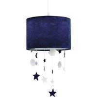Happy Homewares Soft Velvet Pendant Lamp Shade with Hanging Felt Stars & Clouds in Midnight | Size: 12 inches