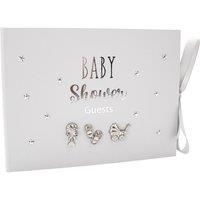 Happy Homewares Grey Baby Shower Guest Book with Silver Plated Rattle Pram & Booties