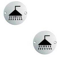 Loops 2x Bathroom Door Shower Symbol Sign 64mm Fixing Centres 76mm Dia Satin Steel in Metallics