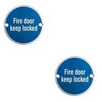 Loops 2x Fire Door Keep Locked Sign 64mm Fixing Centres 76mm Dia Satin Steel in Metallics