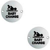 Loops 2x Bathroom Door Baby Change Sign 64mm Fixing Centres 76mm Dia Satin Steel in Metallics
