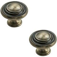 Loops 2x Round Ringed Pattern Door Knob 32mm Diameter Antique Burnished Brass Handle in Metallics