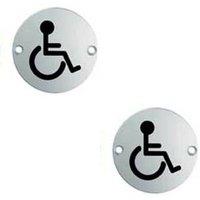 Loops 2x Bathroom Door Disabled Symbol Sign 64mm Fixing Centres 76mm Dia Steel in Metallics