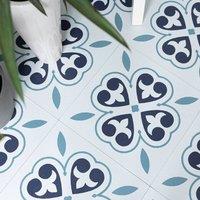 D-C-Fix Oriental Flower Blue Self Adhesive Vinyl Floor Tiles Pack of 11 (1sqm) in White | Size: 304.8mm x 304.8mm