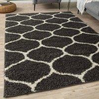 THE RUGS Soft Trellis Shaggy Rugs & Runners Dark Grey Living Room | Size: 80 cm x 150 cm