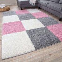 THE RUGS Soft Check High Pile Shaggy Rugs & Runners Living Room Bedroom 381 in Pink | Size: 80 cm x 150 cm