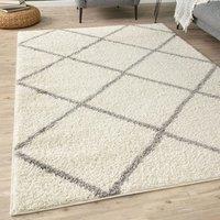 THE RUGS Moroccan Soft High Pile Shaggy Diamond Rugs & Runners Living Room in Off-White | Size: 60 cm x 110 cm