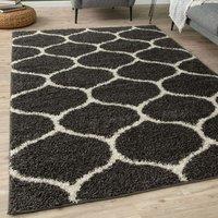 THE RUGS Moroccan Soft High Pile Shaggy Trellis Rugs & Runners Living Room in Dark Grey | Size: 60 cm x 110 cm