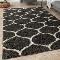THE RUGS Moroccan Soft High Pile Shaggy Trellis Rugs & Runners Living Room in Dark Grey | Size: 80 cm x 150 cm
