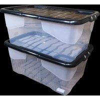 Samuel Alexander 2 x 42L Clear Storage Box with Black Lid, Stackable & Nestable Design Storage Solution