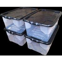 Samuel Alexander 4 x 42L Clear Storage Box with Black Lid, Stackable & Nestable Design Storage Solution in White