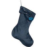 Samuel Alexander 70cm Hanging Dark Blue Velour Star Print Stocking with Pom Poms