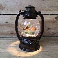 Samuel Alexander 31cm Dual Powered Light up Antique Lantern Christmas Water Spinner with Robin Scene in Brown