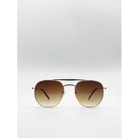 SVNX Double Bridge Metal Sunglasses With Gradient Lenses in Gold