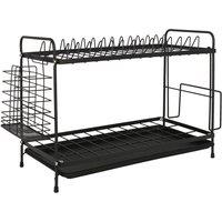 Harbour Housewares Kitchen Dish Drainer 2-Tier Metal Rack Cutlery Holder Plate Rack with Drip Tray in Black