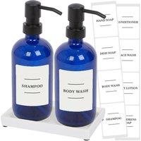 Harbour Housewares 2pc Glass Soap Dispenser Set with Ceramic Tray & Labels - 500ml - White in Blue