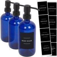 Harbour Housewares Glass Soap Dispensers with Labels - 500ml - Black - Pack of 3 in Blue