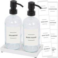 Harbour Housewares 2pc Glass Soap Dispenser Set with Ceramic Tray & Labels - 500ml - White in Clear