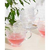 Dibor Set of 2 Vintage Style Embossed Footed Coffee Mug Clear Tea Cups | Size: 2 Pack