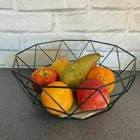 Marco Paul Large Black Metal Wire Geometric Fruit Basket with Wooden Base