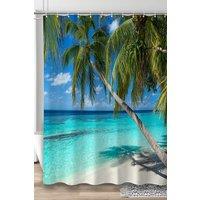 Neel Blue Beach Themed Shower Curtain with Hooks, Water Resistant Bathroom Curtains | Size: 180 cm width x 180 cm drop
