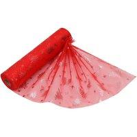 Neel Blue 25m x 29cm Organza Roll Snow Sheer Glitter Fabric with Christmas Tree & Snowflakes Design in Red | Size: 25m x 29 cm