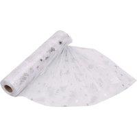 Neel Blue 25m x 29cm Organza Roll Snow Sheer Glitter Fabric with Christmas Tree & Snowflakes Design in Silver | Size: 25m x 29 cm