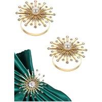 Neel Blue Sunburst Motif Pearl Napkin Rings, Napkin Ring Holders with Diamante Rhinestones in Gold
