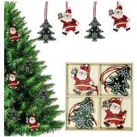Neel Blue Wooden Christmas Hanging Decorations, Rustic Xmas Tree Ornaments with Santa Claus - 4 Designs in Red
