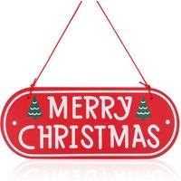 Neel Blue Merry Christmas Wooden Hanging Sign - 30cm x 12cm in Red | Size: 30 cm x 12 cm