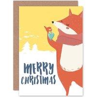 Wee Blue Coo Fox Holding Bauble Christmas Card