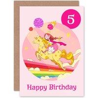 Artery8 Unicorn Princess Rainbow 5th Birthday Greetings Card in Pink