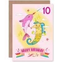 Artery8 Unicorn Seahorse Narwhal 10th Birthday Greetings Card in Pink