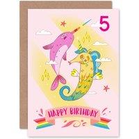 Artery8 Unicorn Seahorse Narwhal 5th Birthday Greetings Card in Pink