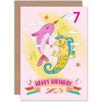 Artery8 Unicorn Seahorse Narwhal 7th Birthday Greetings Card in Pink