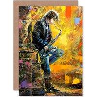 Artery8 Musician Jazz Saxophone Greetings Card in Yellow