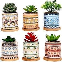 simpa PC Mixed Earth Pattern Ceramic Plant Pots with Bamboo Base