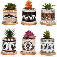 simpa 6PC Egyptian Pattern Ceramic Plant Pots with Bamboo Base