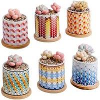 simpa 6PC Gradient Pattern Ceramic Plant Pots with Bamboo Base