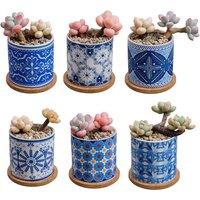 simpa 6PC Orient Pattern Ceramic Plant Pots with Bamboo Base