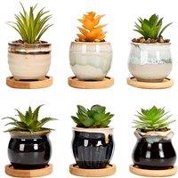 simpa 6PC Mixed Shape Pattern Ceramic Plant Pots with Bamboo Base
