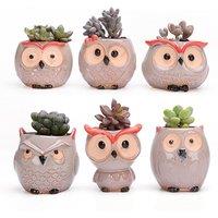 simpa 6PC Comic Owl Ceramic Plant Pots with Bamboo Base