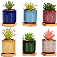 simpa 6PC Ice Crack Ceramic Plant Pots with Bamboo Base