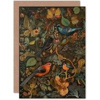 Artery8 Birds & Butterflies on Autumnal Tree Folk Art Nature Birthday Card