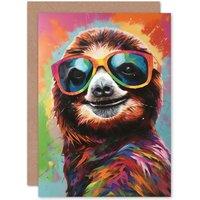 Artery8 Multicoloured Smiling Sloth Wearing Sunglasses Funny Animals Birthday Card