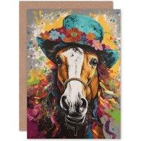 Artery8 Horse Wearing a Flower Summer Hat Multicoloured Funny Animals Birthday Card