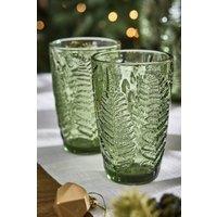 Dibor Set of 2 Luxury Green Leaf Spring Summer Embossed Tall Highball Drinking Glass Tumblers Wedding Gift 350ml | Size: 2 Pack